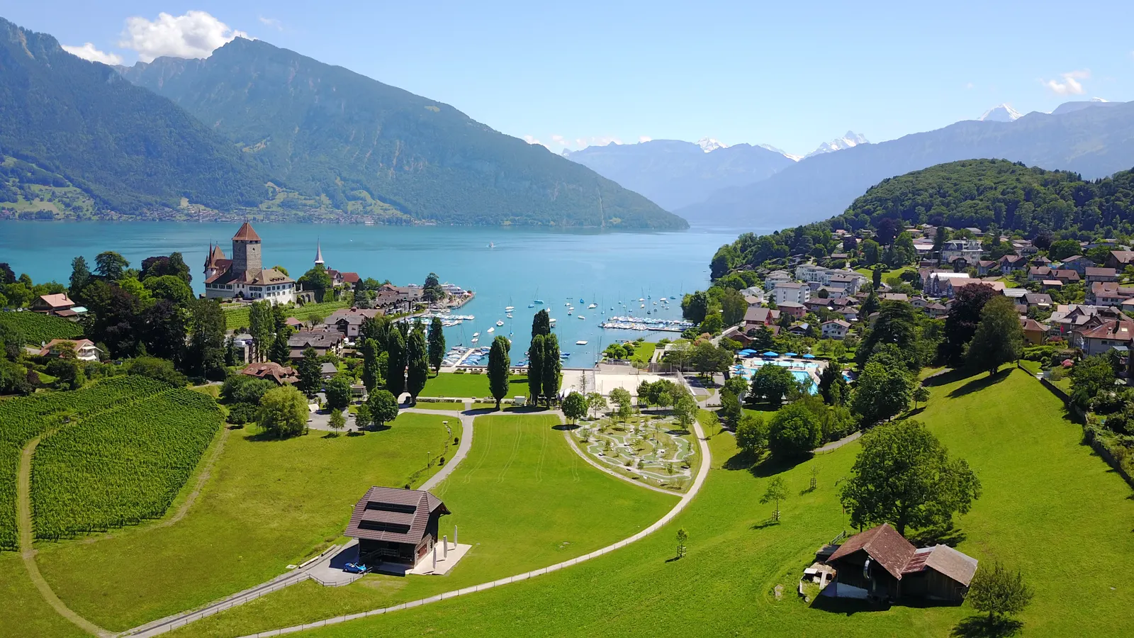 Die Bucht von Spiez mit Schloss und Thunersee im Sommer