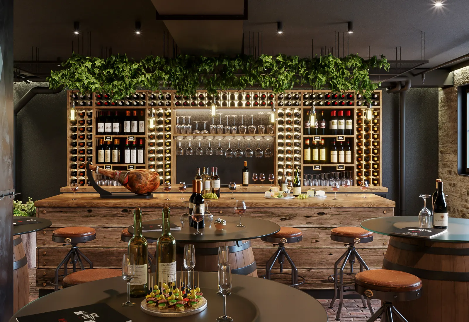 Visualisierung der Bar Hellbühl mit Weinregal und Stehtischen